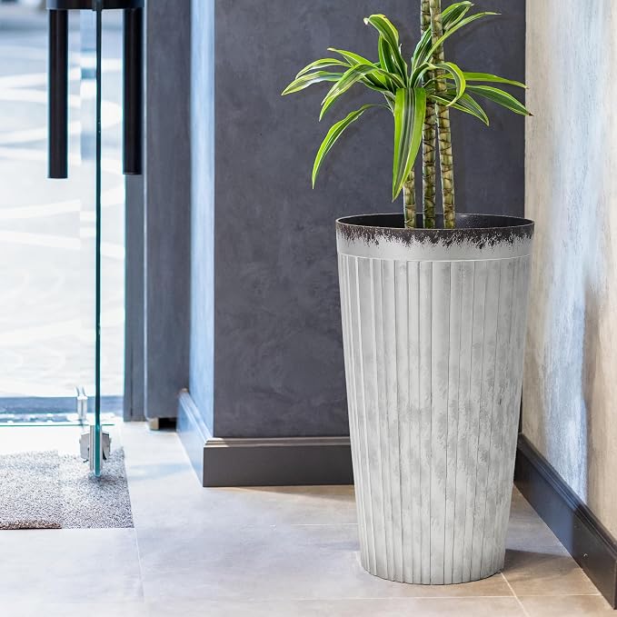 Worth Garden 22.5" H. Plastic Planters - Set of 2 Silver Color Tall Conical Plant Pots for Indoor Outdoor Use - Decorative Lightweight Flower Pots for Front Porch, Patio, Deck - 12.5" Dia x 22.5" H