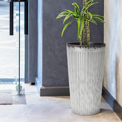 Worth Garden 22.5" H. Plastic Planters - Set of 2 Silver Color Tall Conical Plant Pots for Indoor Outdoor Use - Decorative Lightweight Flower Pots for Front Porch, Patio, Deck - 12.5" Dia x 22.5" H