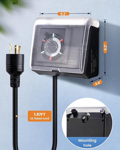 SURAIELEC Mechanical Pool Timer for Above Ground Pools, NEMA L5-20R Twist-Lock Plug-in Pool Timer, 20A 125V 1HP, Up to 3 Daily Settings, Weatherproof Cover, for Pumps, Heaters, Fountains and Lighting