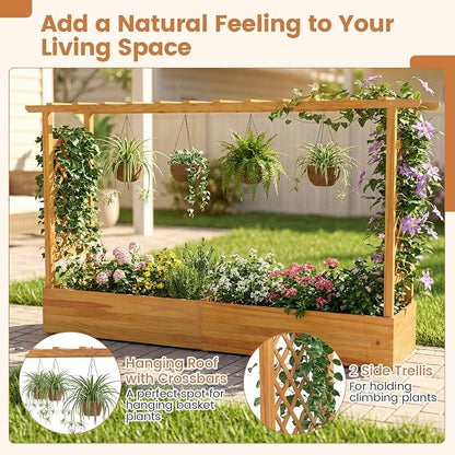 Happygrill 45" Raised Garden Bed with Trellis, Wood Planter Box w/Hanging Roof, 2 Side Trellises, Open-Ended Base for Flower, Climbing Plant, Plant Container for Garden