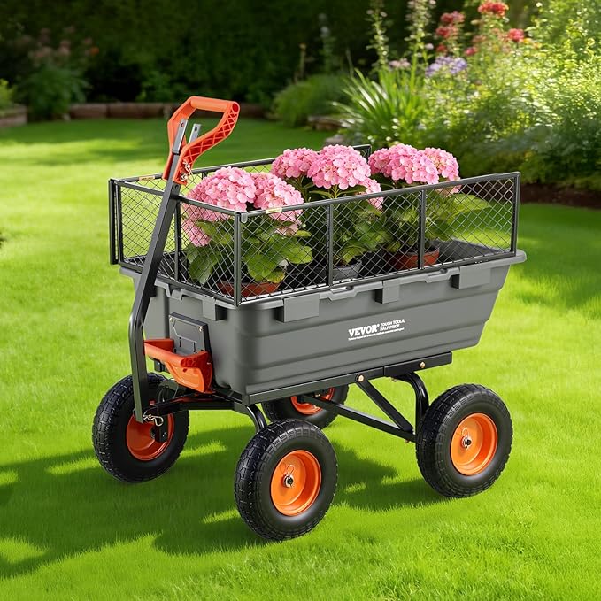 VEVOR 10 Cu.Ft 1200LBS Poly Garden Cart Dump Wagon, Heavy Duty Wheelbarrow with Convertible Handle and 13" Flat Free Tires, Outdoor Yard Wagon ATV Trailer Dump Cart Tow Behind for Lawn Mower Tractor