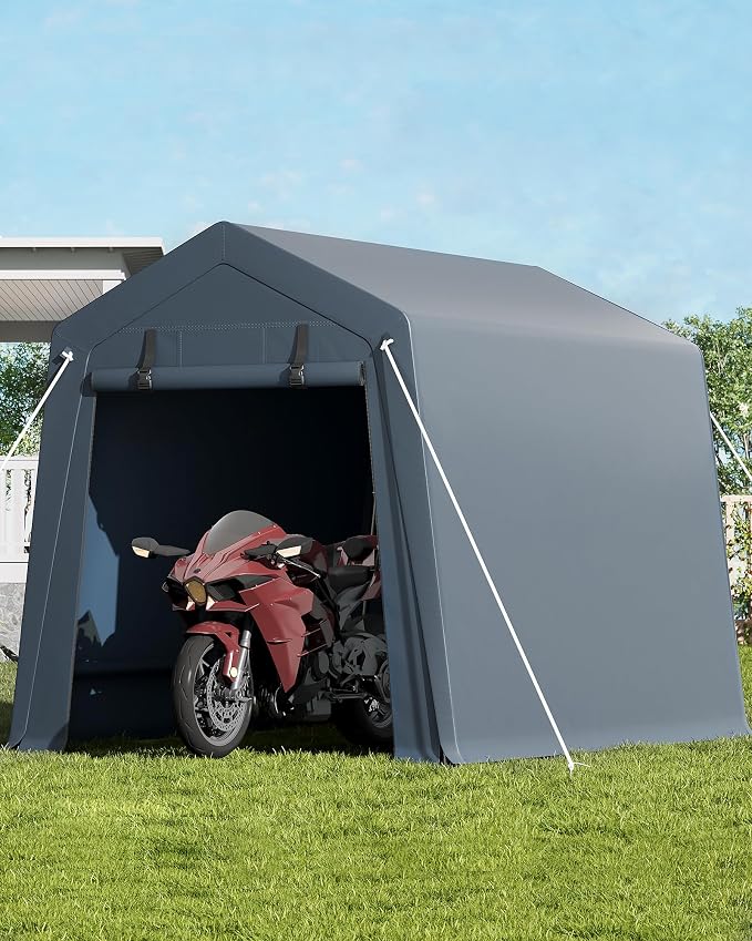 6 x 8 ft Bike Shed ATV Storage Tent Portable Storage Shed Outdoor Carport Tarp Sheds with Roll-Up Door for Motorcycle, Car, Garden Tools Grey