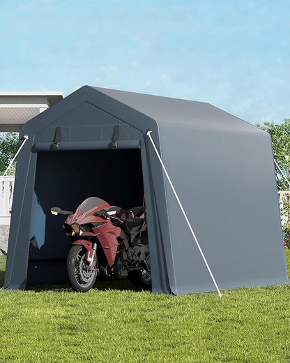 6 x 8 ft Bike Shed ATV Storage Tent Portable Storage Shed Outdoor Carport Tarp Sheds with Roll-Up Door for Motorcycle, Car, Garden Tools Grey