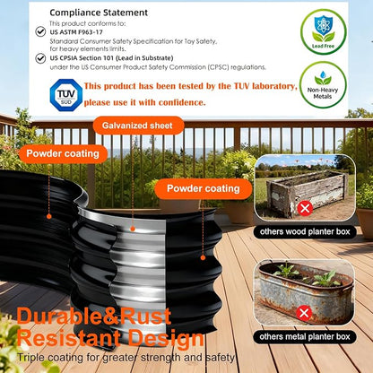 Rakukiri Raised Garden Bed Outdoor, GRS Certified Recycled Metal Planter Box 2 Sets, 4FT Galvanized Oval Herb Garden Kit, Bottomless Large Garden Beds for Vegetables Flowers, Rust-Resistant Black
