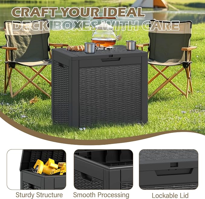 Outdoor Storage Box, 32 Gallon Deck Box with Lockable Lid, Waterproof Resin Storage Bin for Patio Furniture, Garden Tools, Cushions, Black