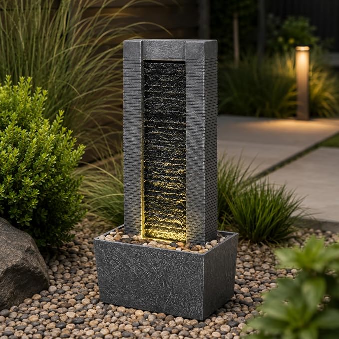 Teamson Home 29.25" Demeter Indoor/Outdoor Modern Waterfall Fountain with LED Lights, Black and Stone Gray | LED Lights, Waterfall Fountain, Garden, Patio, and Backyard Decor, Black and Stone Gray