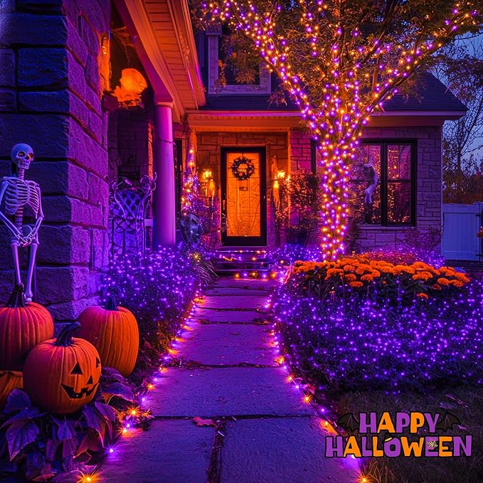 JMEXSUSS 2 Pack Solar Halloween Lights, 600LED 206.7FT, Orange and Purple | Halloween Lights Outdoor Waterproof, 8 Modes Solar String Lights for Outside Patio Yard Tree Halloween Decorations