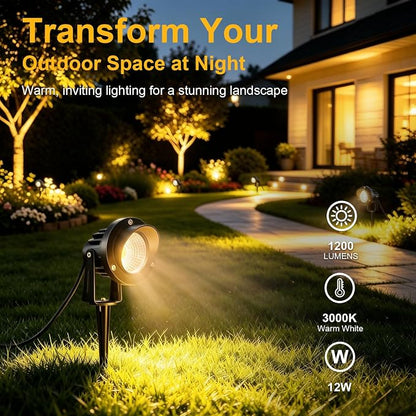 Romwish 12 Pack LED Landscape Spotlights, 120V Plug-in Outdoor Lighting | 12W 1200LM Brightness with 3000K Warm White, IP65 Waterproof, Adjustable head & 60° Beam for Tree Garden Pathway Yard