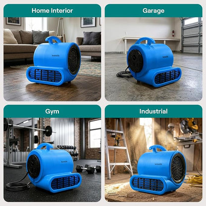 SereneLife Air Mover Blower Fan 1000 CFM – Powerful High Performance 3-Speed Fan for Floor & Carpet Drying, Portable Floor Fan w/Adjustable Tilt, Plug Multiple Units for Home Garage & Restoration Use