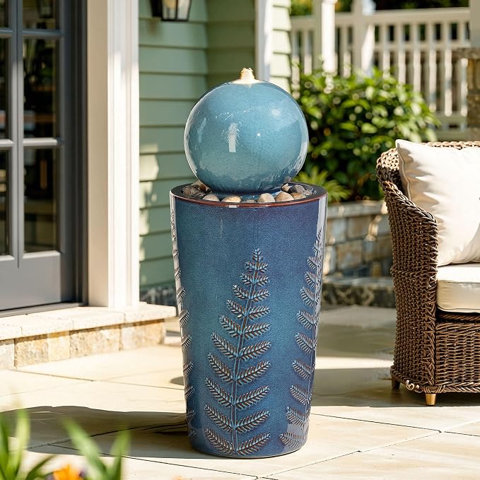 Autodaya 30" Ceramic Sphere Water Fountain with LED Lights, Teal Blue Glaze | Modern Nature-Inspired Design with Leaf Patterns & Pebbles, Soothing Trickling Water Feature for Patio, Yard, Garden, Porch