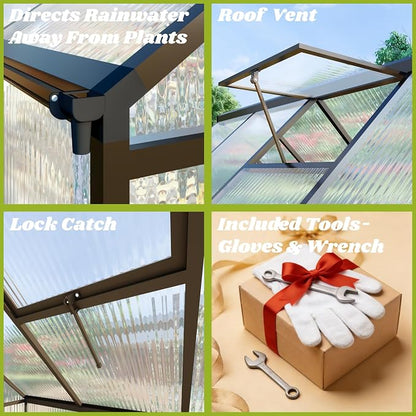 6 x 8 FT Greenhouse for Outdoors, Polycarbonate Greenhouse with Quick Setup Structure and Roof Vent, Aluminum Large Walk-in Green House for Outside Garden Backyard, Dark Gray