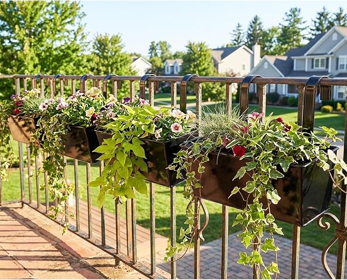 12" Balcony Railing Planters, Outdoor Hanging Planter for Fence, Stylish Metal Porch Deck Flower Pot for Herbs & Succulents (Rectangular-Black, Pack of 4)