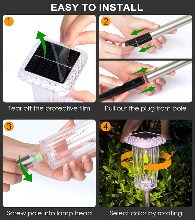DenicMic Solar Lights Outdoor Waterproof 8 Pack 10 Modes Halloween Decor | 3000K/4000K/6000K/6 Fix Color/Color Changing LED Pathway Yard Garden Walkway Driveway, Acrylic Lampshade Stainless Steel Pole