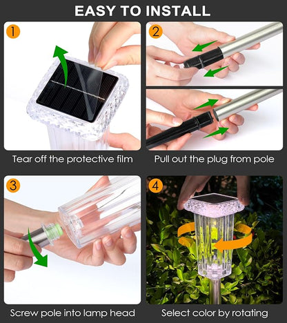 DenicMic Solar Lights Outdoor Waterproof 8 Pack 10 Modes Halloween Decor | 3000K/4000K/6000K/6 Fix Color/Color Changing LED Pathway Yard Garden Walkway Driveway, Acrylic Lampshade Stainless Steel Pole