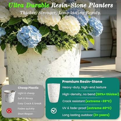 19.5" Tall Resin Planters Set of 2, Faux Birch Bark, White | Resin flower pot, weather and fade resistant, pre-drilled drainage with plugs,Heavy-Duty,indoor outdoor, porch patio garden