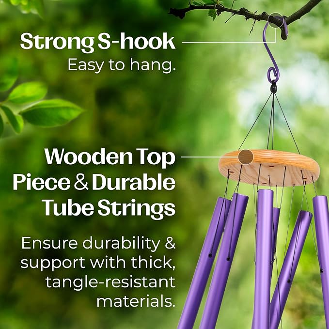 Purple Wind Chimes for Outside Deep Tone, 29 Inch XL Hand Tuned G Major Pentatonic Wind Chime with Decorative Kindness Stone, Outdoor Garden Patio Porch Decor, Meaningful Sympathy Memorial Gift