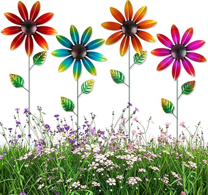 DETENE Metal Flower Garden Stakes Set of 4 Outdoor Flower Yard Decor Multicolor Lawn Flower Stakes for Spring Patio Pathway Garden Decoration Rustproof Metal Garden Art Decor