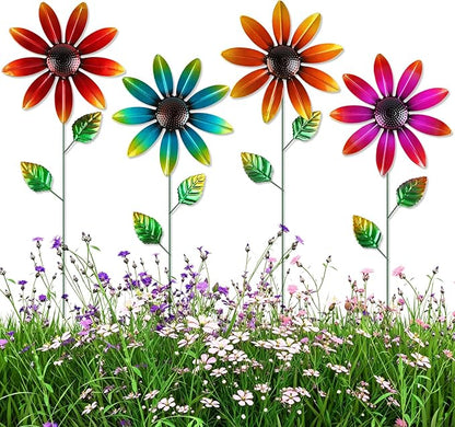 DETENE Metal Flower Garden Stakes Set of 4 Outdoor Flower Yard Decor Multicolor Lawn Flower Stakes for Spring Patio Pathway Garden Decoration Rustproof Metal Garden Art Decor