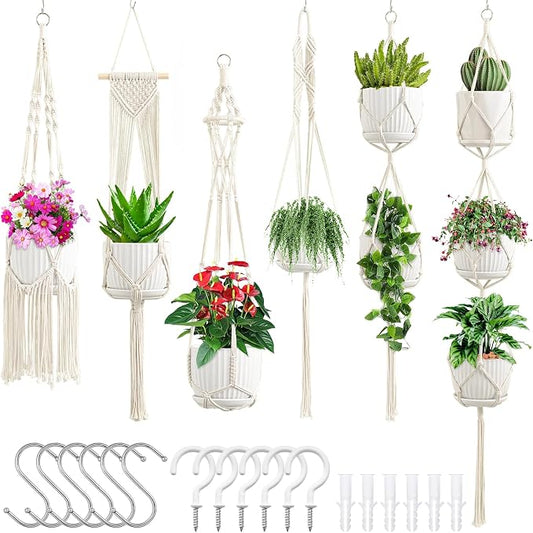 SFENNGPET Macrame Plant Hangers, 6Pack Hanging Planters for Indoor Plants w/ 6 Set Hangers Kit Handmade Macromay Plant Hangers Indoor Flower Pots Holder Stand for Boho Home Décor (POTS NOT Included)