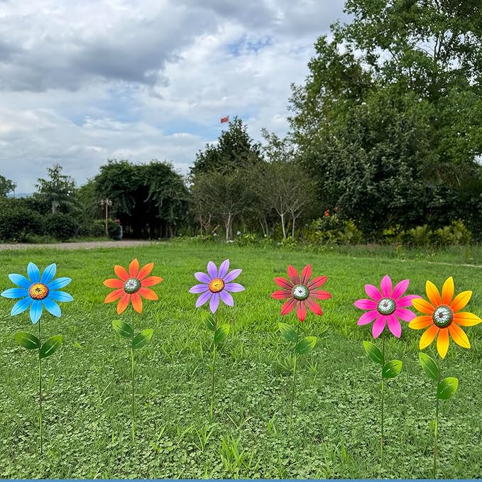 Metal Flower Garden Stakes Outdoor – Decorative Daisy Yard Flower with Shaking Head Stakes for Lawn, Patio, Flower Bed & Walkway – Weatherproof Metal Garden Decor for Spring & Summer