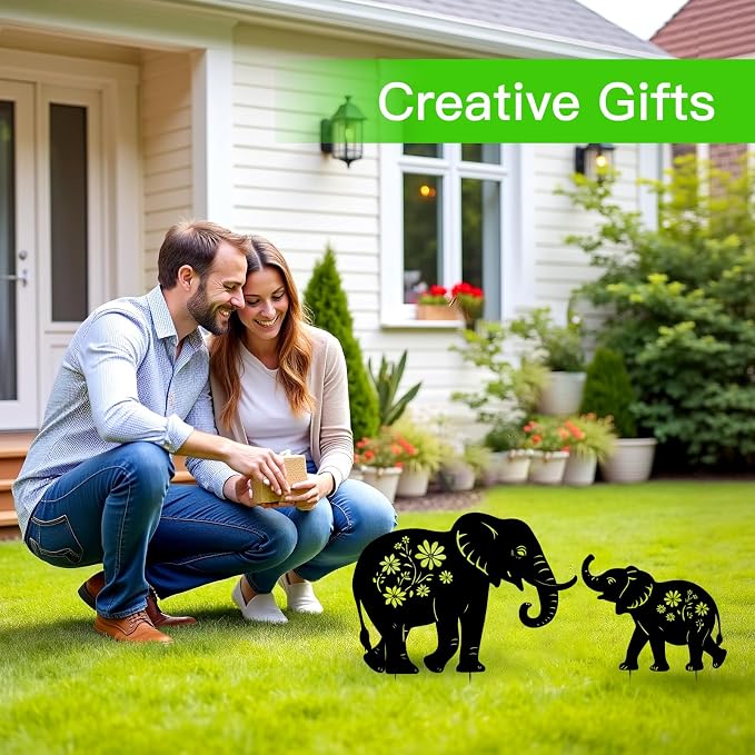 WACLSTDAY Elephant Metal Garden Stakes Decorative, Gifts for Women/Men/Elephant Lovers, Black Silhouette Statues Summer Outdoor Decorations for Garden, Yard, Lawn, Pathway,Patio,Outside