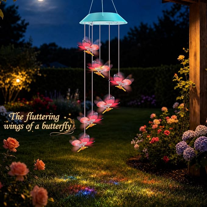 Toodour Solar Wind Chime, Color Changing LED Swaying Butterfly Wind Chimes, Upgrade Butterfly with Fluttering Wings, Waterproof Solar Outdoor Light Decor for Garden Window Patio, Gift for Mom Grandma