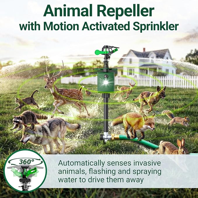 2 Packs Motion Activated Animal Repeller with Water Sprinkler, Deer Repellent Devices Solar Powered, IP65 Waterproof Deer Repellent with Flashing Light, Deter Cats Dogs Skunks Raccoons from Garden