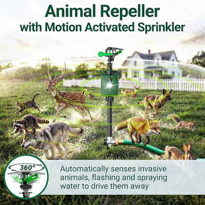 2 Packs Motion Activated Animal Repeller with Water Sprinkler, Deer Repellent Devices Solar Powered, IP65 Waterproof Deer Repellent with Flashing Light, Deter Cats Dogs Skunks Raccoons from Garden