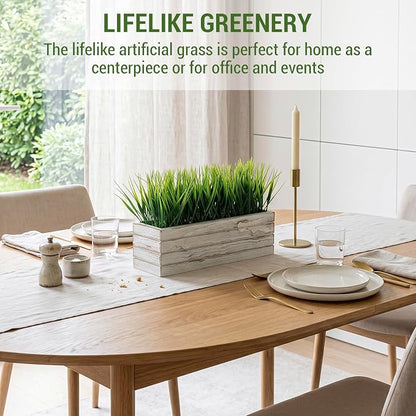 MyGift 14 Inch Artificial Green Grass Plant in Shabby White Washed Wood Planter Window Box - Faux Greenery in Rectangular Crate Style Wooden Container