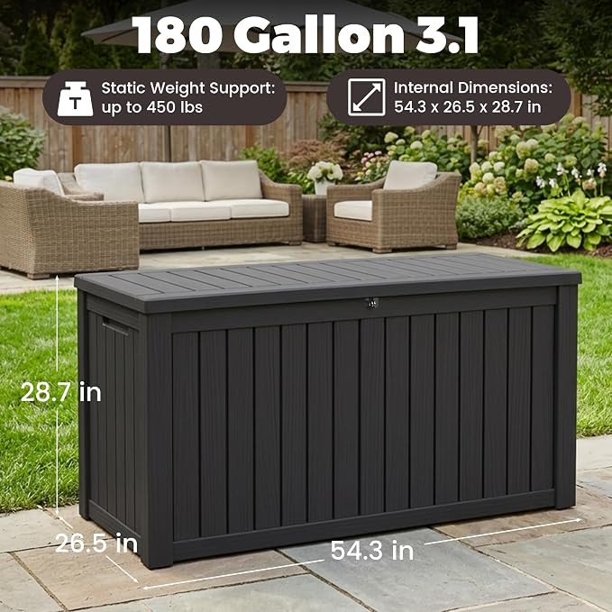 Outdoor Storage Box, 180 Gallon Waterproof Deck Box [Upgraded 3.1], Large Resin Storage with Hydraulic Gas Lifts for Cushions, Lawn Mower Tools Chest Bench, Large Backyard, Black