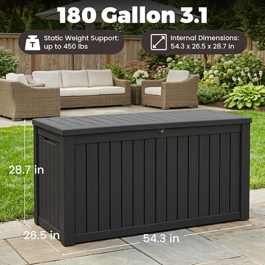 Outdoor Storage Box, 180 Gallon Waterproof Deck Box [Upgraded 3.1], Large Resin Storage with Hydraulic Gas Lifts for Cushions, Lawn Mower Tools Chest Bench, Large Backyard, Black