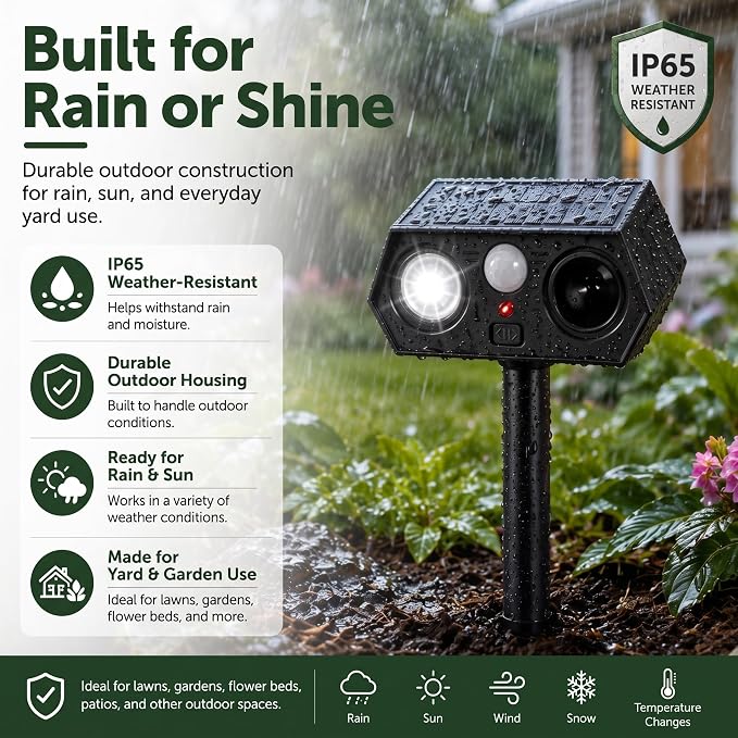 2026 Solar Ultrasonic Animal Repeller Outdoor, Deer Repellent Devices with Motion Sensor & LED Flashing Light, Cat Deterrent for Yard, Garden, Lawn, Rabbit, Squirrel, Raccoon, Dog, 2 Pack Black