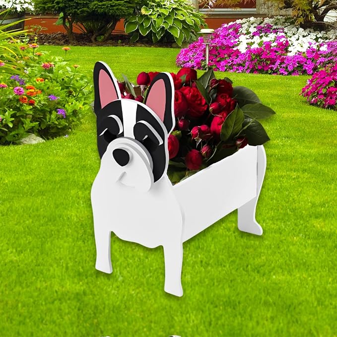 White French Bulldog Dog Planter Pots, 9.45 x 6.3 x 13.35 Inches | Dog Flower Pot, Cute Animal Shaped Plant Pot, Gifts for Women & Pet Lovers, Indoor Outdoor Garden Home Office Decor