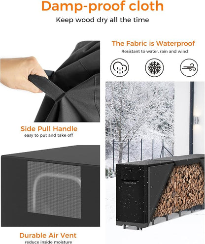 12ft Firewood Log Rack with Cover Outdoor, Heavy Duty Indoor Outdoor Firewood Storage Log Rack with Cover Combo Set Black