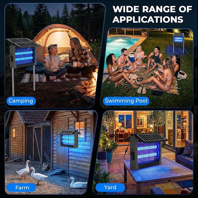 Upgraded Solar Bug Zapper Outdoor with Dual Panels, 4500V Cordless Rechargeable Fly Insect Killer Waterproof Electric Mosquitoes Zapper for Patio Garden Backyard RV Camping Pond