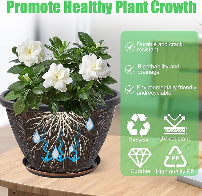 Nooulap 6 Pack 8 Inch Plant Pot, Flower Pots for Indoor Outdoor, Durable Decorative Planters for House Garden Plants Herbs Flowers Succulents, Antique Gold Firework Embossed Design