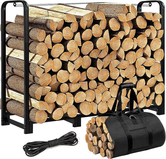 Firewood Rack with Log Carrier, 4FT Outdoor Wood Rack for Firewood, Heavy Duty Firewood Log Rack for Fireplace Fire Pits
