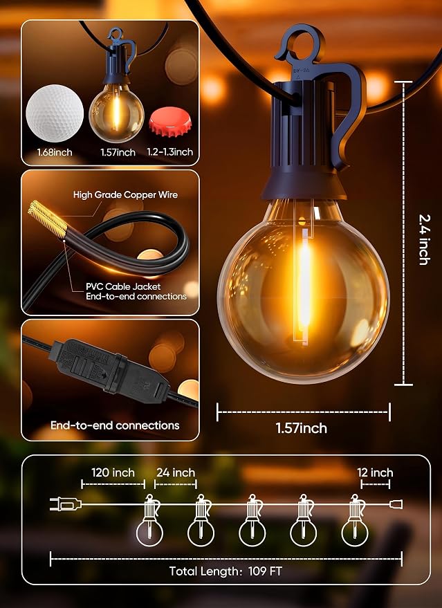 Brightown Outdoor String Lights, 100FT 50+2 G40 Bulbs Shatterproof Patio Lights, IP65 Waterproof Dimmable Hanging Connectable Globe LED Outdoor Lights for Backyard, Bistro, Porch, Deck, Balcony