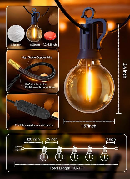 Brightown Outdoor String Lights, 100FT 50+2 G40 Bulbs Shatterproof Patio Lights, IP65 Waterproof Dimmable Hanging Connectable Globe LED Outdoor Lights for Backyard, Bistro, Porch, Deck, Balcony