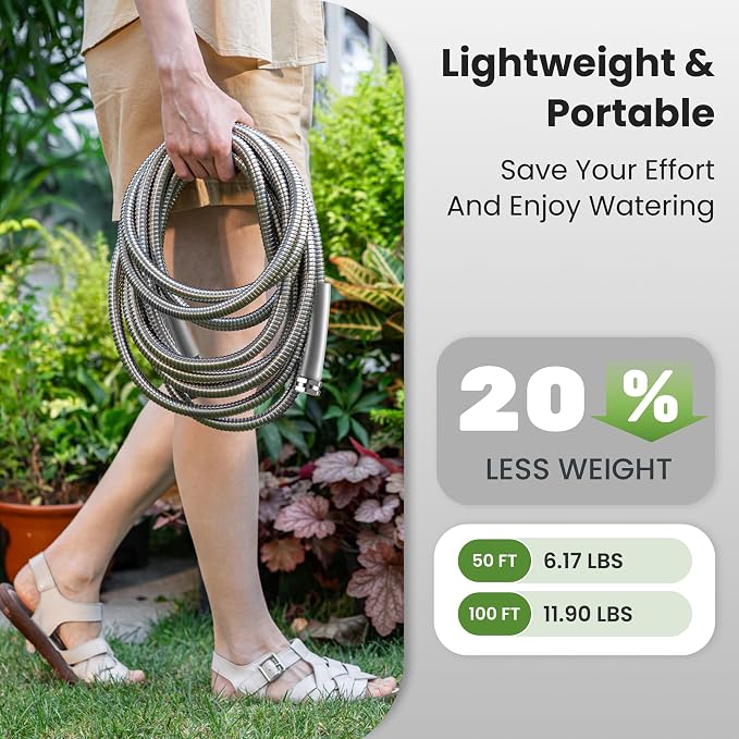 Giraffe Tools Garden Hose 50ft x 3/4", 304 Stainless Steel Metal Water Hose, No Kink Garden Water Hose with 9 Pattern Spray Nozzle, Flexible, Lightweight, Kink Free Hose for Yard, Outdoor