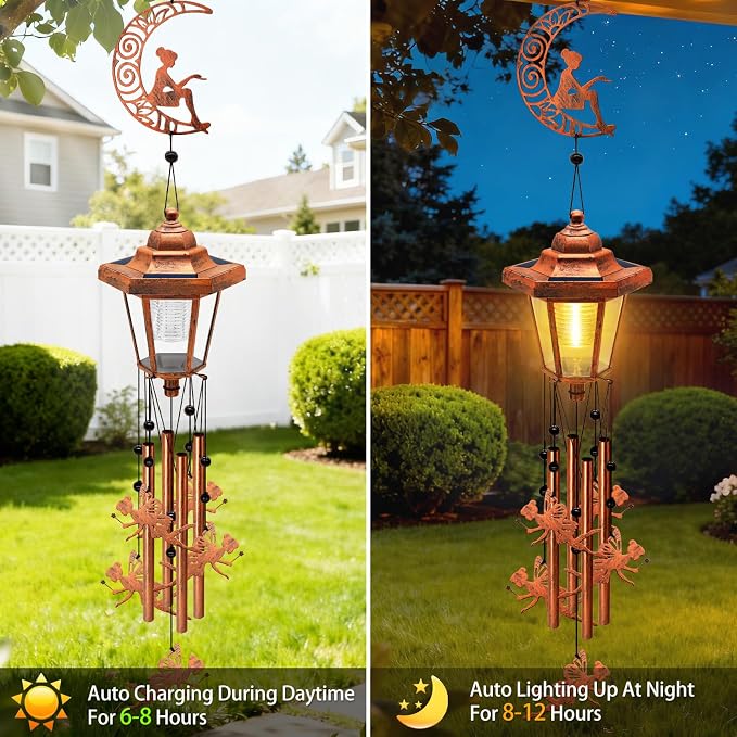 Large Solar Moon Fairy Wind Chimes, Gifts for Women Mom Grandma Wife Sister Daughter Neighbor, Classic Bronze Wind Chimes with Wind Catcher, Solar Decor Lights for Outdoor Garden Patio Porch Window