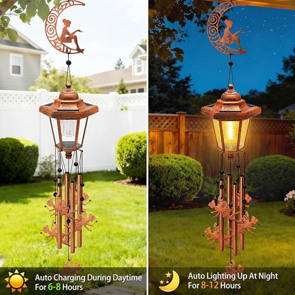 Large Solar Moon Fairy Wind Chimes, Gifts for Women Mom Grandma Wife Sister Daughter Neighbor, Classic Bronze Wind Chimes with Wind Catcher, Solar Decor Lights for Outdoor Garden Patio Porch Window