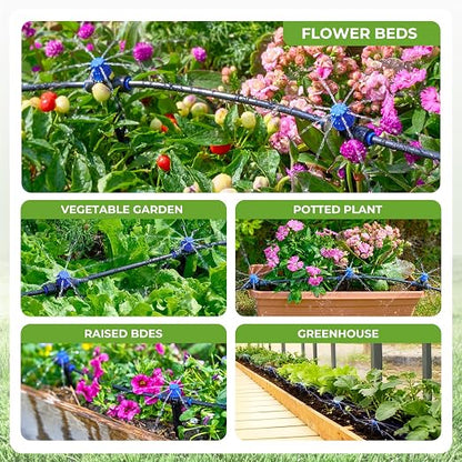HIRALIY 100FT Garden Watering System, Automatic Drip Irrigation Kit with Adjustable Flow Nozzles, 5-Way Connector, Plastic Material, Modern Style, Ideal for Lawn, Patio, Garden, Raised Bed