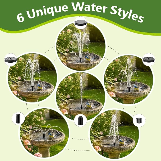 12W Solar Fountain Pump, Solar Powered Water Pump with 6 Nozzles & 3.28FT DIY Water Hose, Solar Water Fountain for Outdoor Garden Bird Bath Pond Water Feature