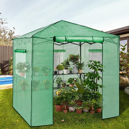 EAGLE PEAK 7x7 Portable Walk in Greenhouse, Pop Up Indoor Outdoor Greenhouse, Green House Kit with Zippered Roll-Up Doors and Windows + Mesh Lining & 2 Foldable Shelves, PE Cover, Clear/Green