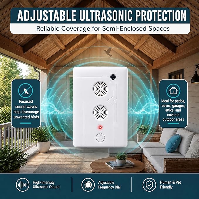 2026 Ultrasonic Bird Repeller & Bat Deterrent for Attic Woodpecker Deterrent for House Pigeon Repellent Indoor to Keep Birds Bats Away from Patio Rooftops Porch Balconies(2Pack)