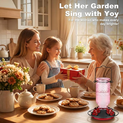 FEED GARDEN Glass Hummingbird Feeder for Outdoors Hanging, 16 oz Leak-Proof Nectar Feeder with Bee Guards & Ant Moat, 4 Metal Flower Feeding Ports, 360° Perch Ring, Easy Refill & Clean, Pink