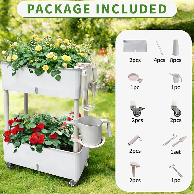 Self-Watering Raised Planter Box with Lockable Wheels,2-Tier Elevated Garden Bed with Visible Water Level Window,Indoor Outdoor Plastic Plant Box for Flowers,Vegetables & Herbs