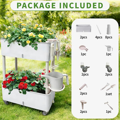 Self-Watering Raised Planter Box with Lockable Wheels,2-Tier Elevated Garden Bed with Visible Water Level Window,Indoor Outdoor Plastic Plant Box for Flowers,Vegetables & Herbs