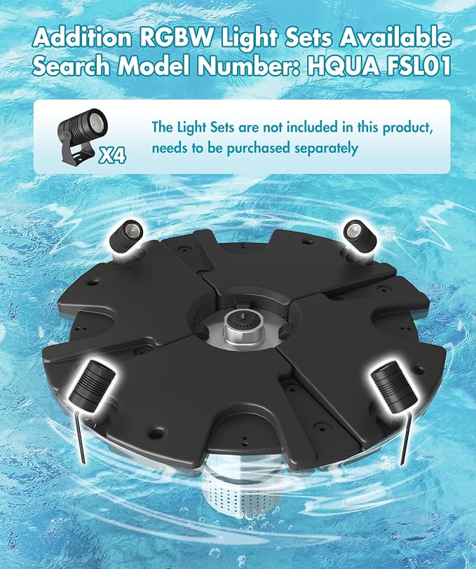 FS01 110V, 1 HP, Large Pond Floating Fountain, Oil Free Pump 13000 GPH with 100’ Cord, Two Spray Patterns Included